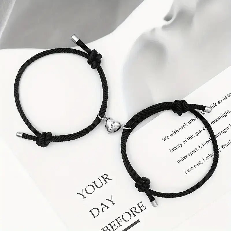 Magnetic Heart Couple Bracelet Set Adjustable Gift black