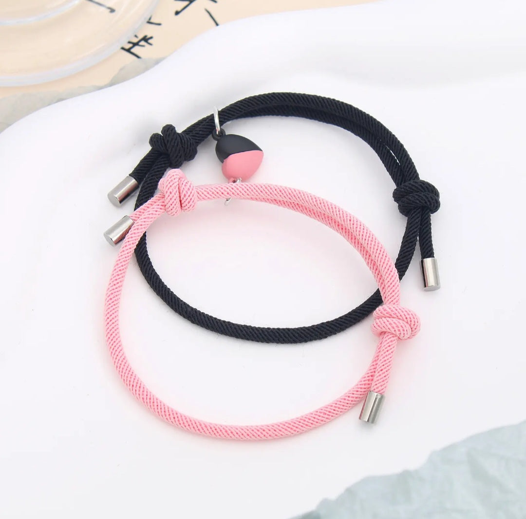 Magnetic Heart Couple Bracelet Set Adjustable Gift pink and black