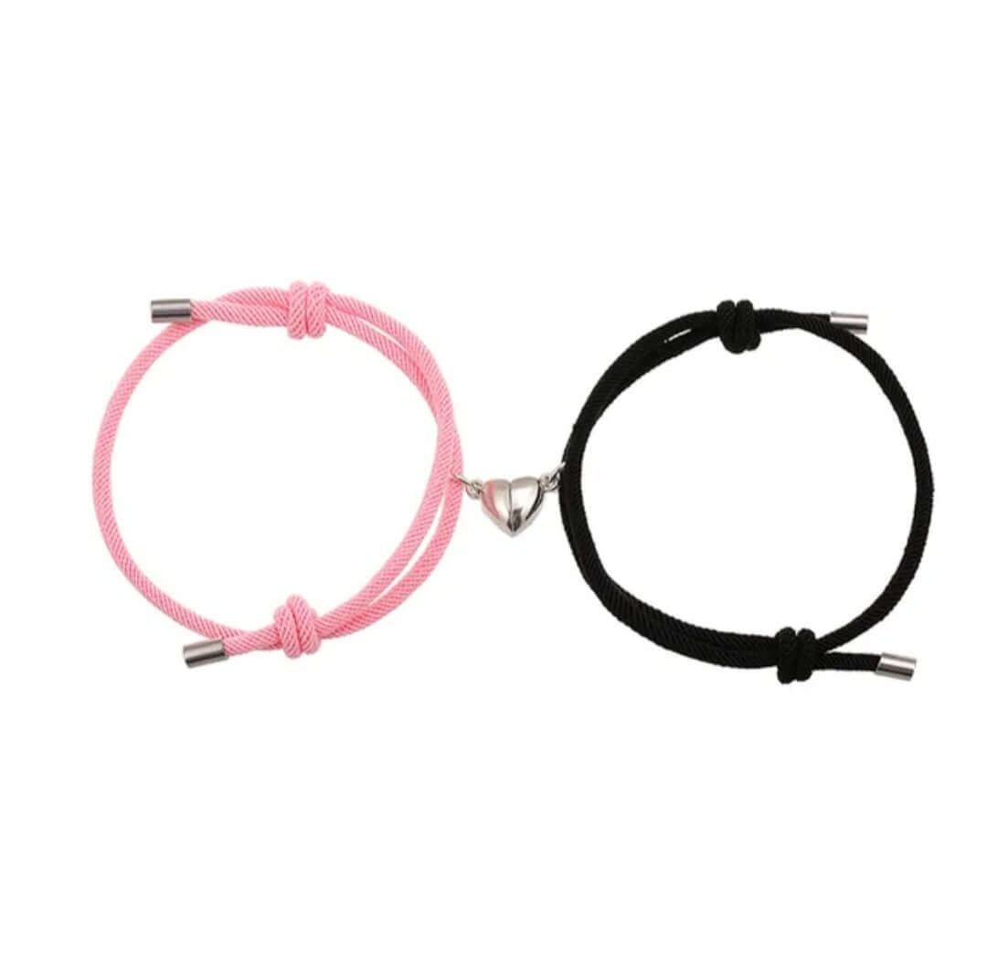 Magnetic Heart Couple Bracelet Set Adjustable Gift pink and black